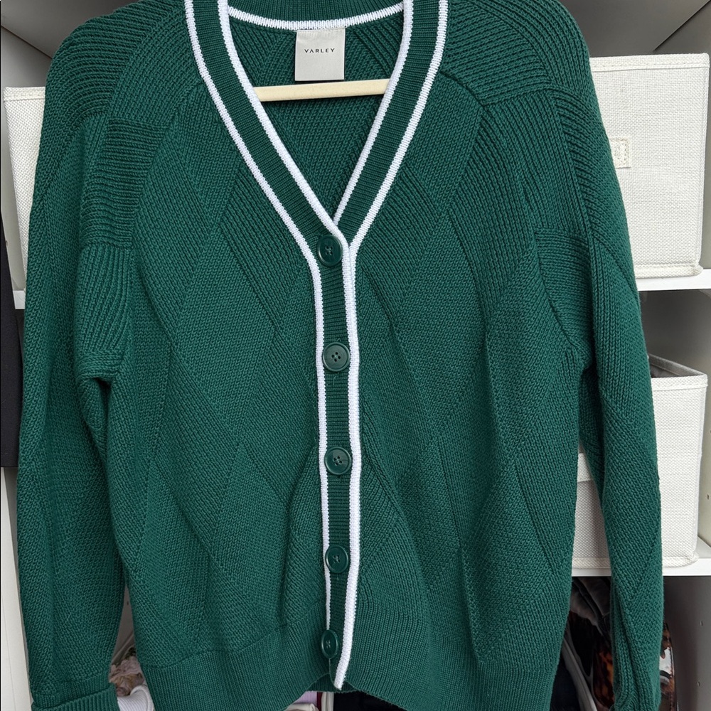 Varley Deep Green Cardigan with White Trim